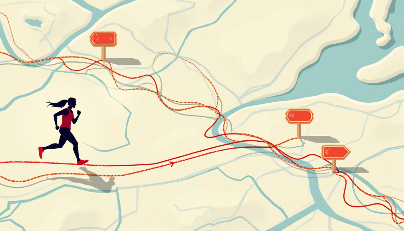 Topographic map overlay, runner following colored tape and directional signs, confident navigation