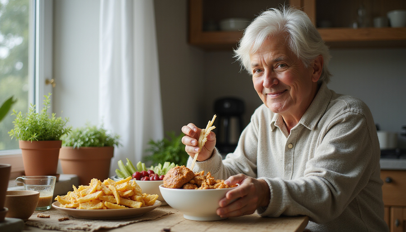  Middle-aged person swapping fast food for fiber-rich bowls, radiant health aura, microscopic microbes celebrating