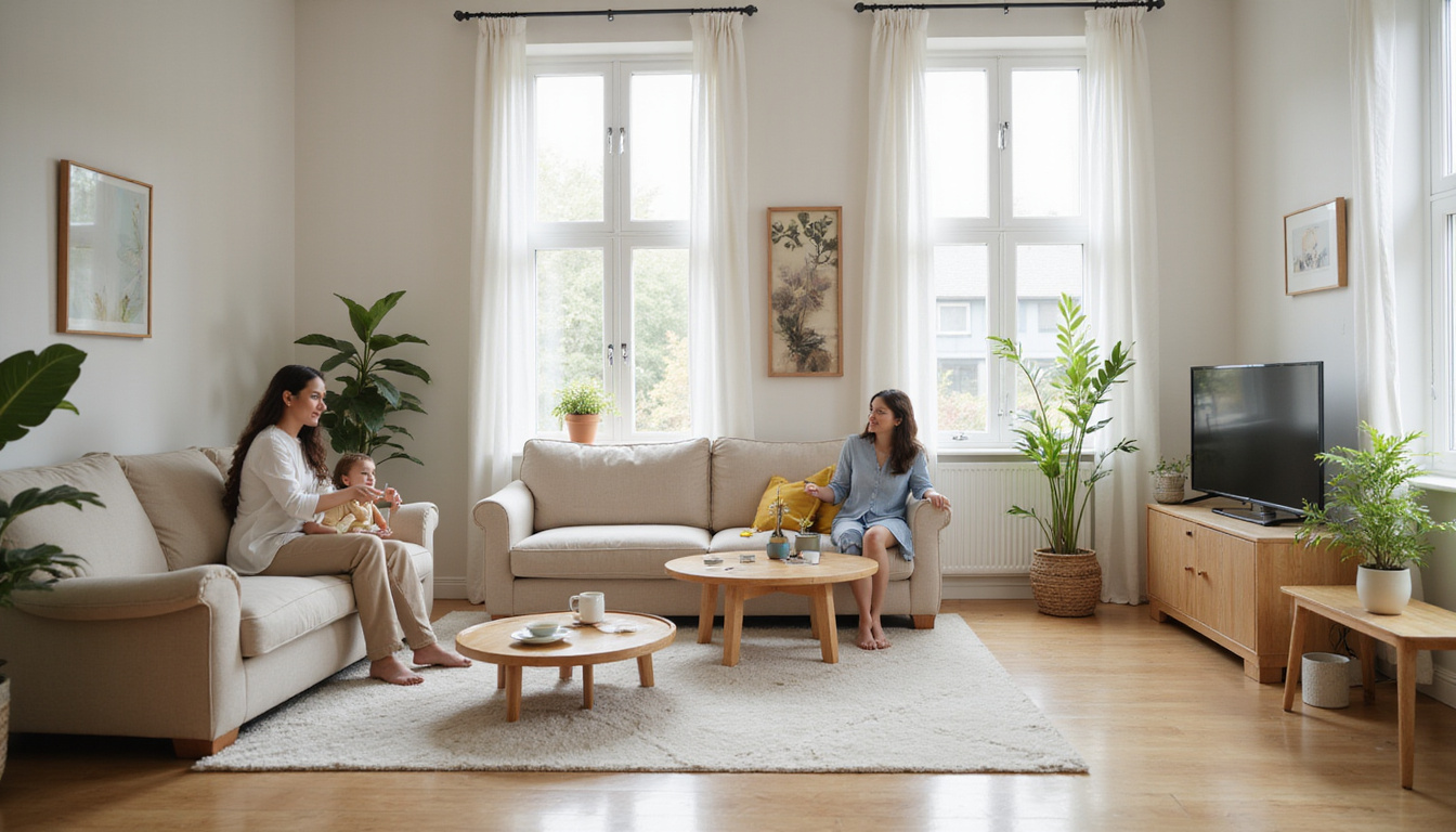 Clean modern living room with sealed insecticide strips discreetly placed, happy family, serene atmosphere
