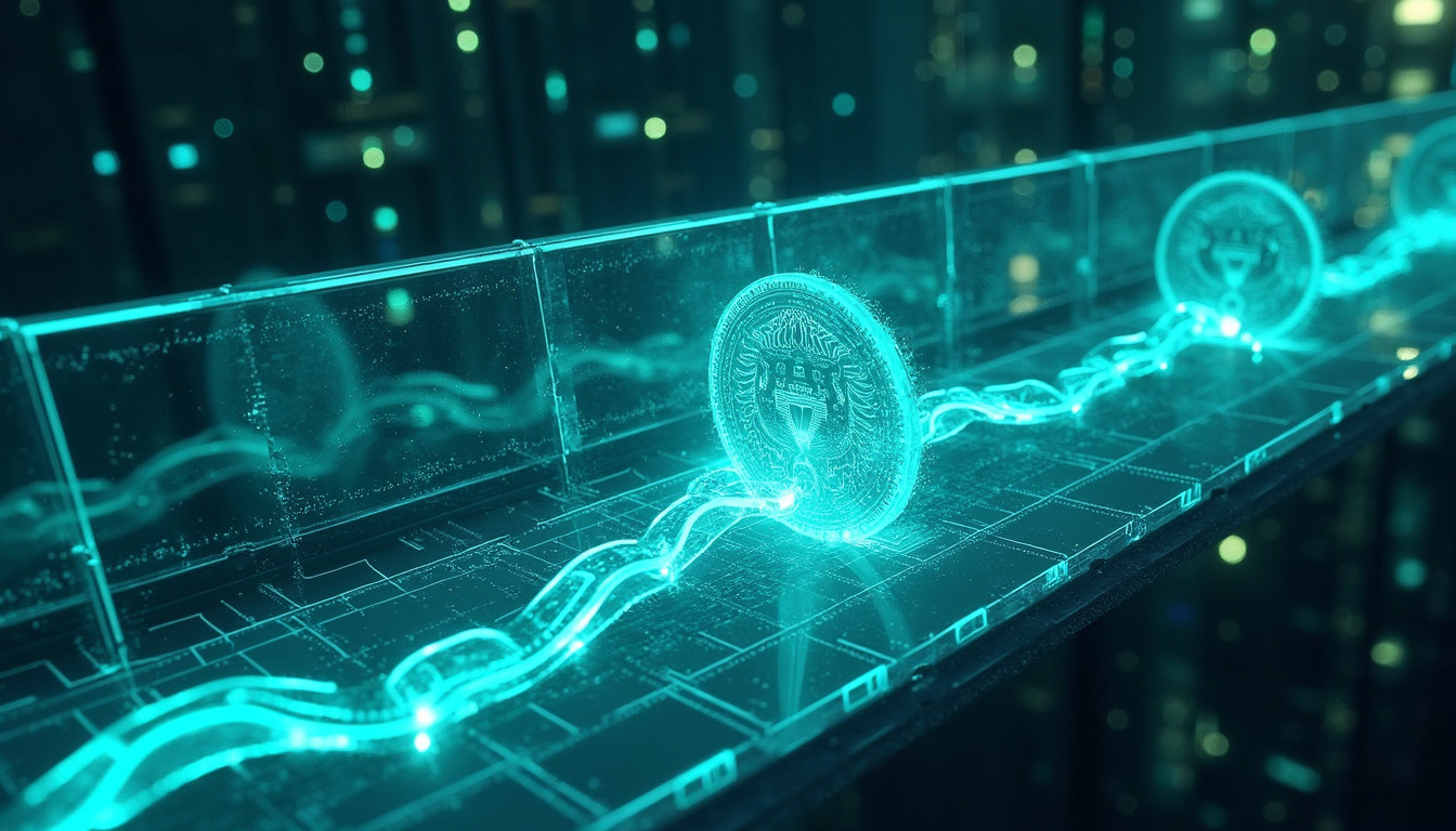 Cross-chain liquidity streams flowing through a transparent bridge, guarded by digital vault, blue-green cyberpunk style