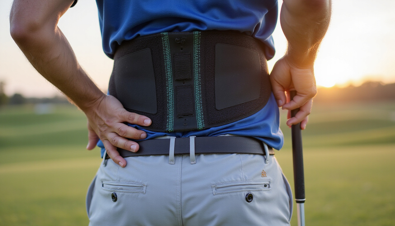  Close-up adjustable neoprene lumbar brace on golfer, biomechanics overlay, hands gripping club