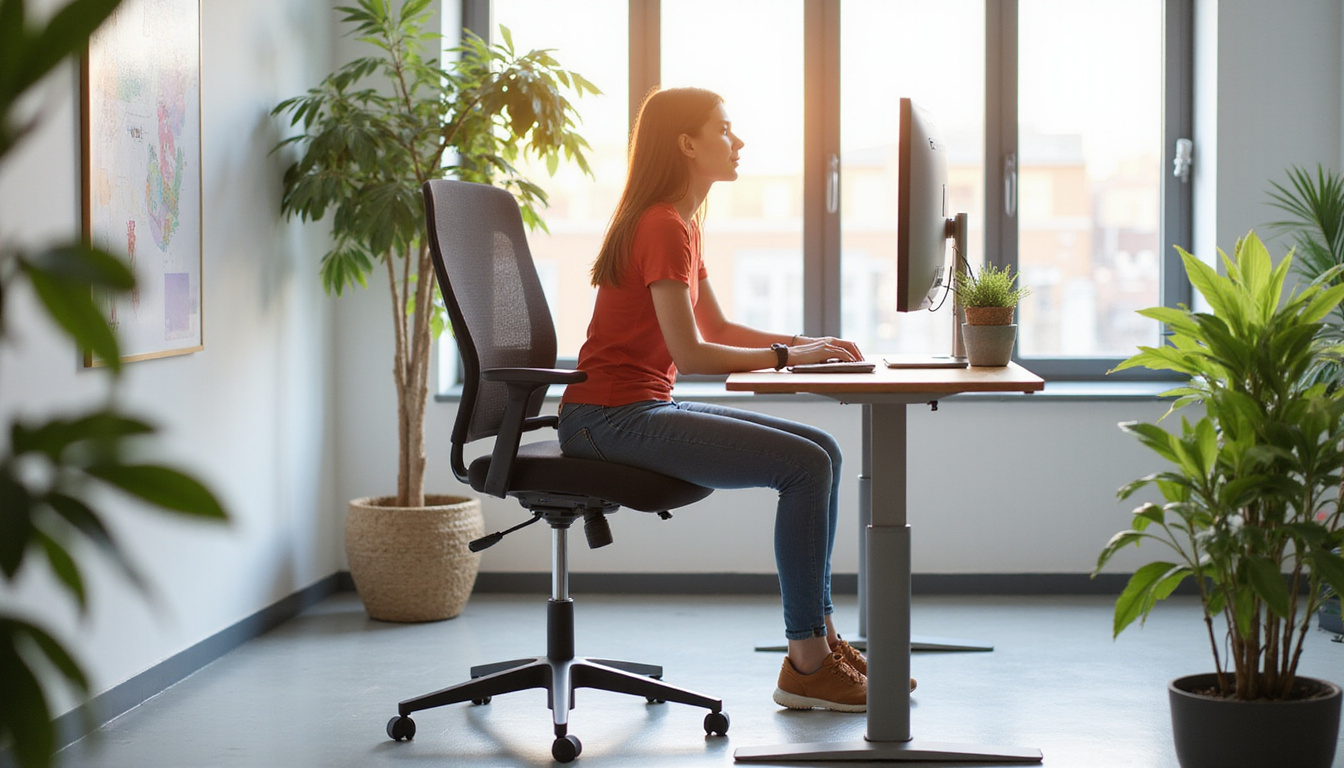  Minimalist adjustable chair cradle, seamless mesh, relaxed confident worker at tidy sunlit standing desk