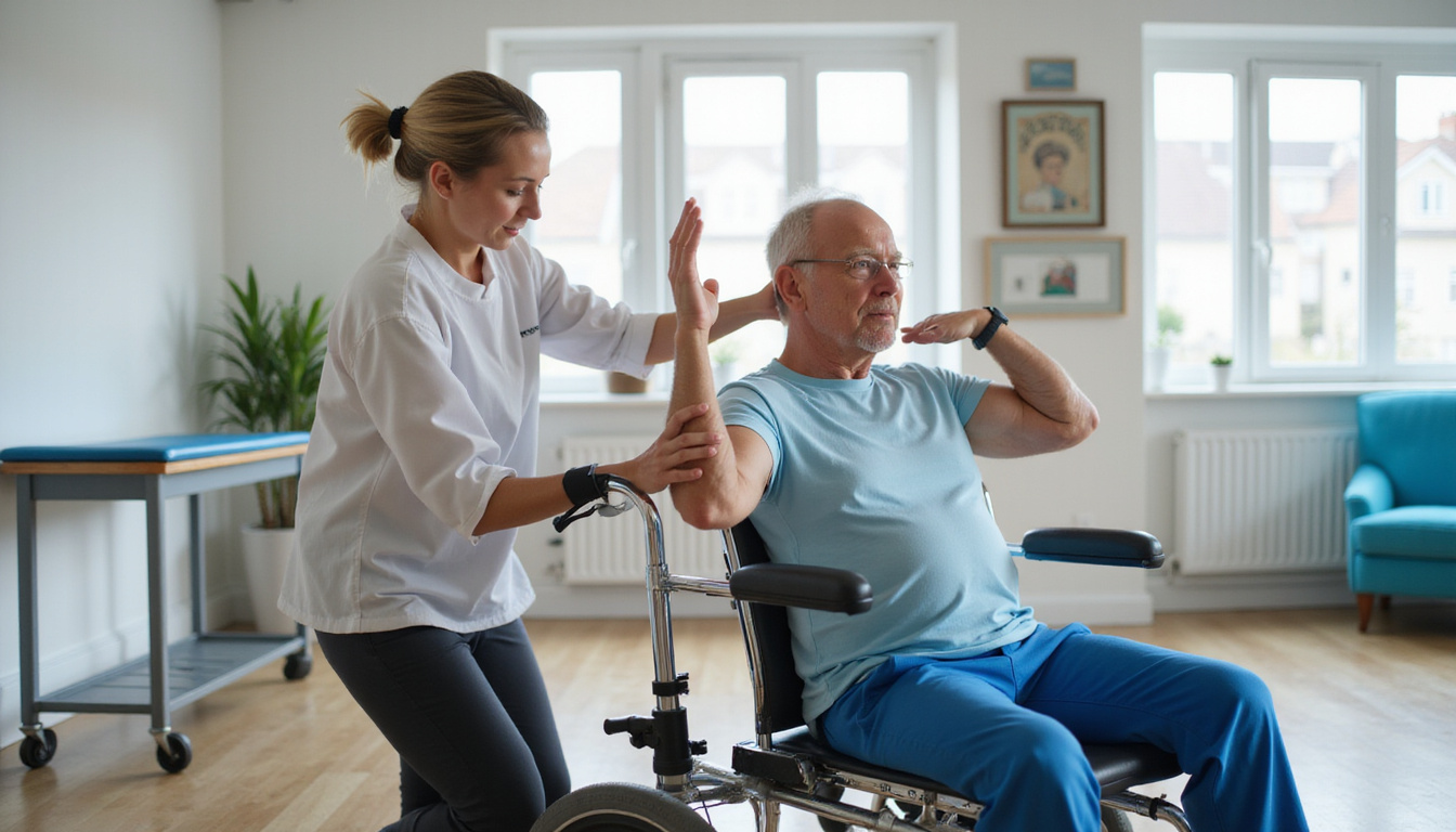  Physical therapist assisting older athlete with exercises, bright clinic, mobility aids, calm determination