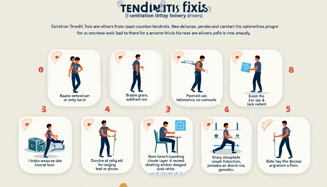  Vector infographic for delivery drivers: nine tendonitis fixes—stretches, brace, ice, posture, simple tools