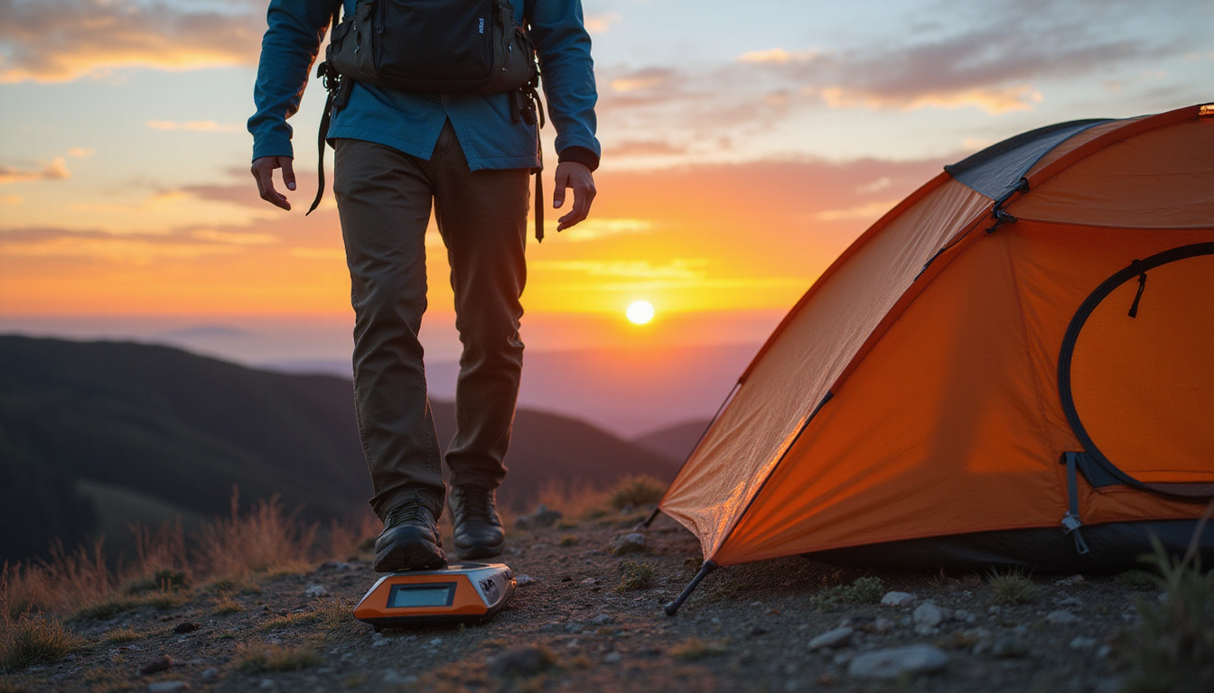  Hiker weighing gear on digital scale, compacted tent, efficient organization, warm sunrise