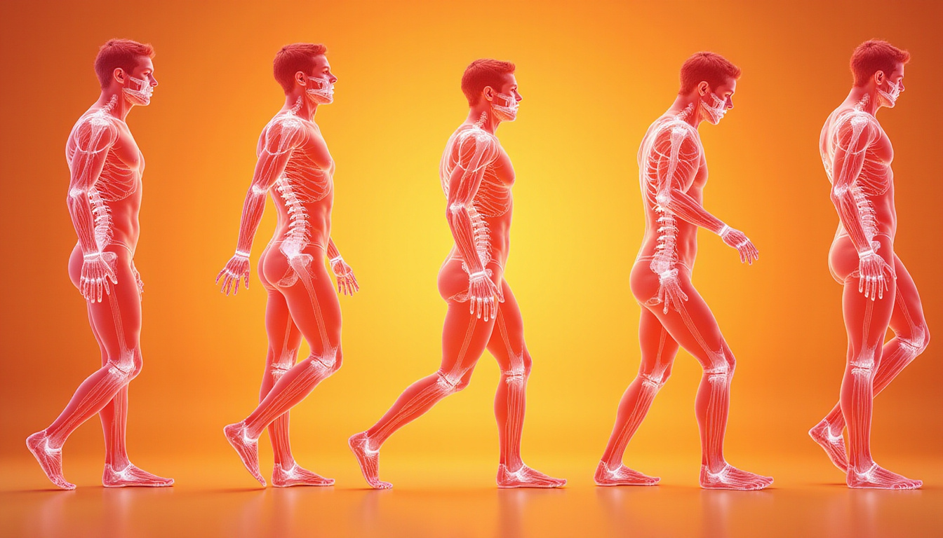  Dynamic sequence of improving gait, anatomical joint overlays, warm tones, fast recovery concept