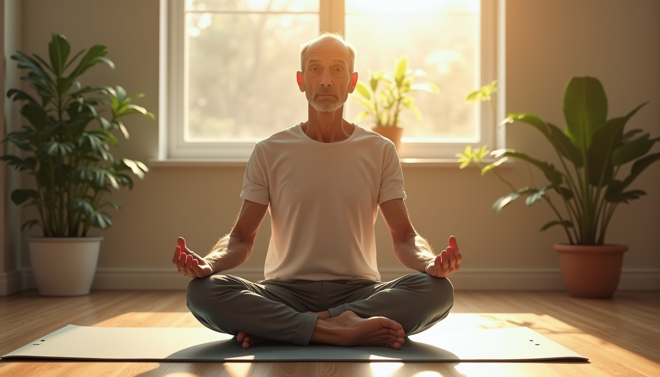  Older man on mat doing seated hip openers and ankle circles, plants, soft morning light