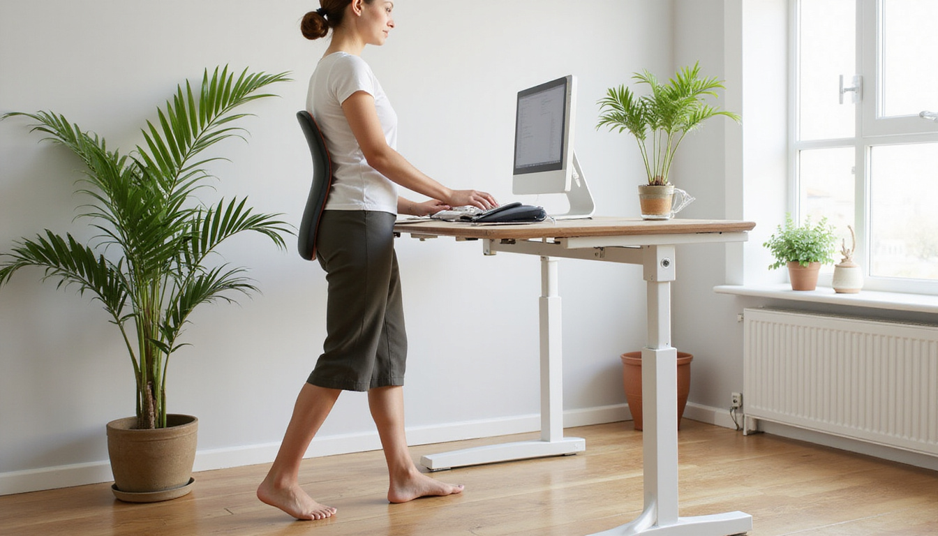  Ergonomic home office with lumbar support standing desk plant warm tones posture correction visualized