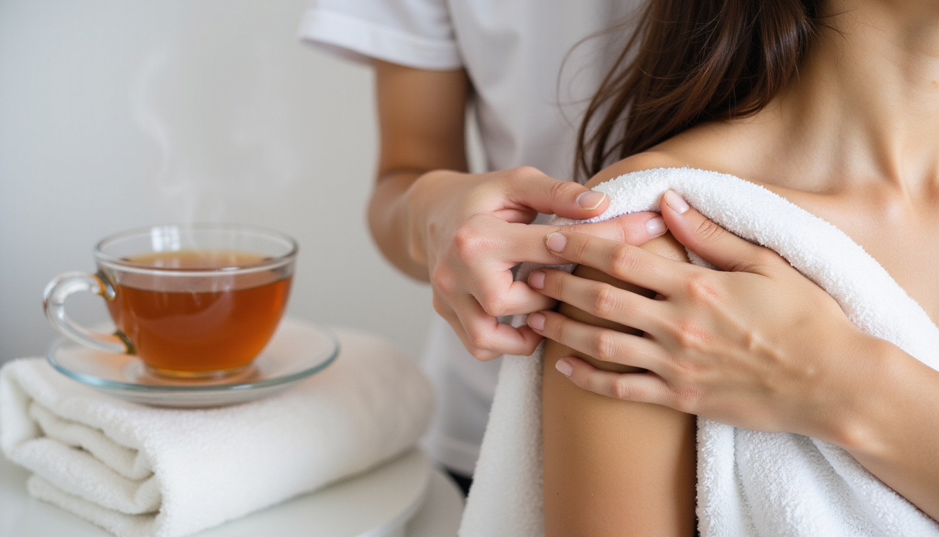  Close-up hands applying heat pack to aching shoulder, steaming herbal tea, soft white towel