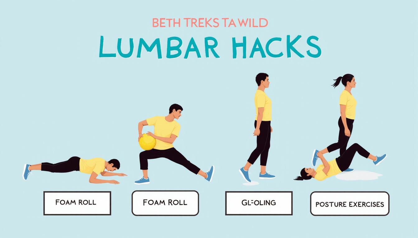  Illustrated sequence showing lumbar hacks: foam roll, posture exercises, spine glowing, clean infographic style