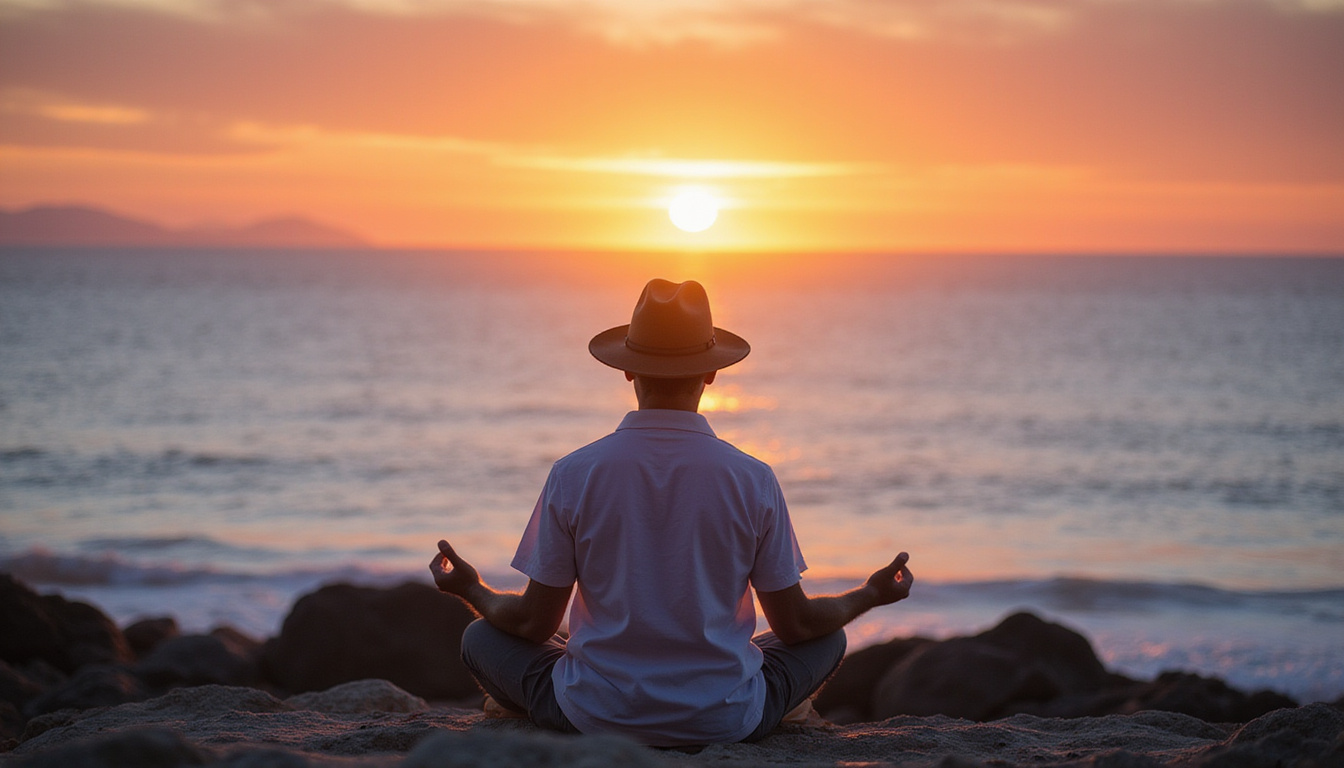  Veteran practicing guided mindfulness breathing by peaceful seaside at sunrise, symbolic healing light