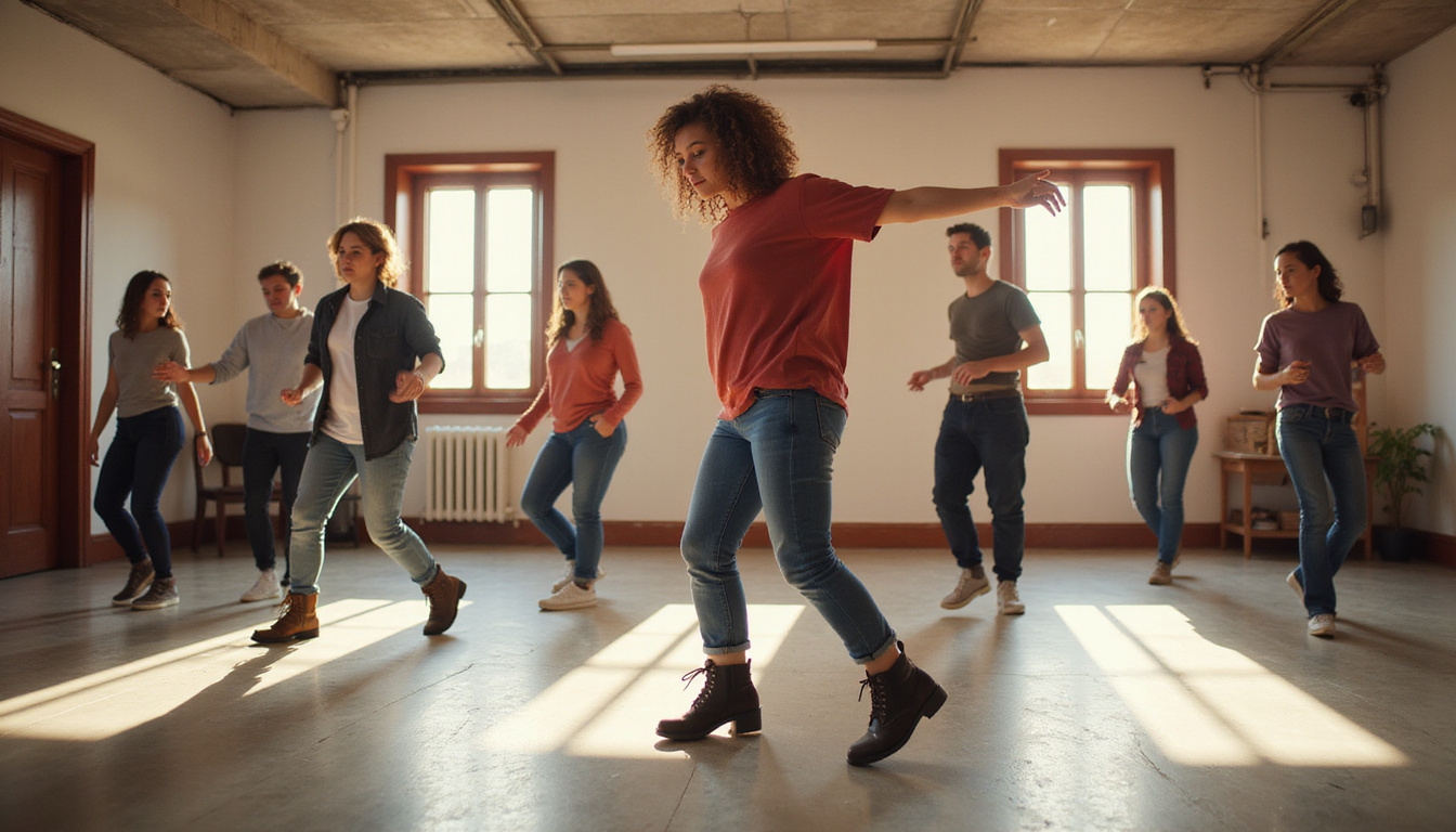  Studio scene with soft lighting, learners in jeans and boots practicing simple step sequences, upbeat energy