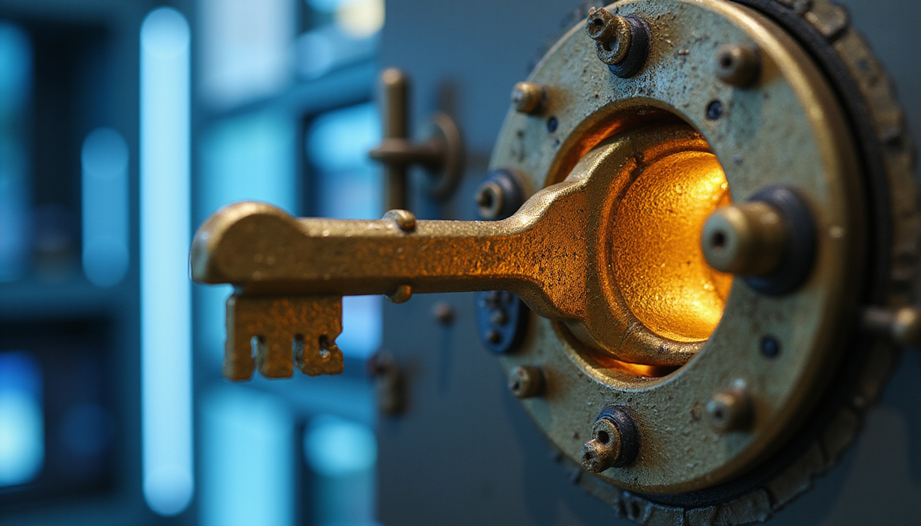  Close-up golden key unlocking phone-shaped vault, burst of customers and doubling leads graph