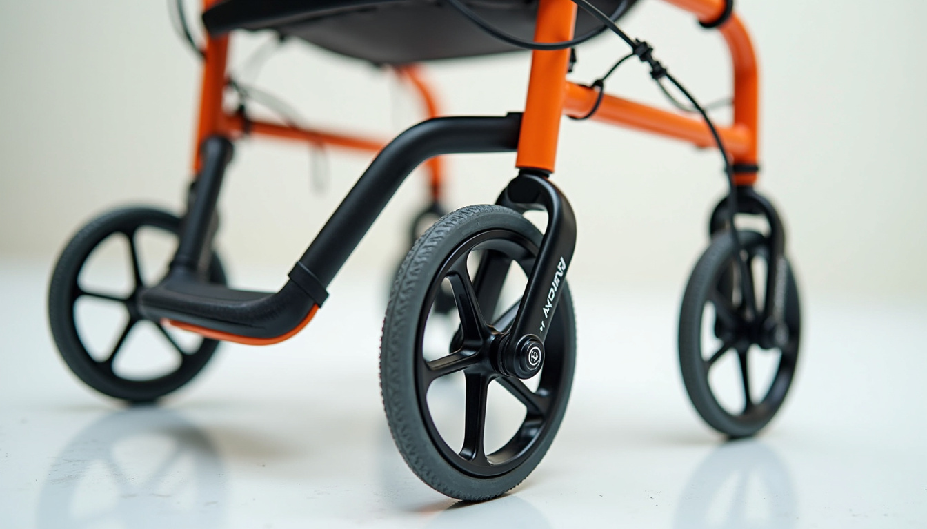 Close-up of adjustable handles, sturdy wheels, brake details on premium rollator