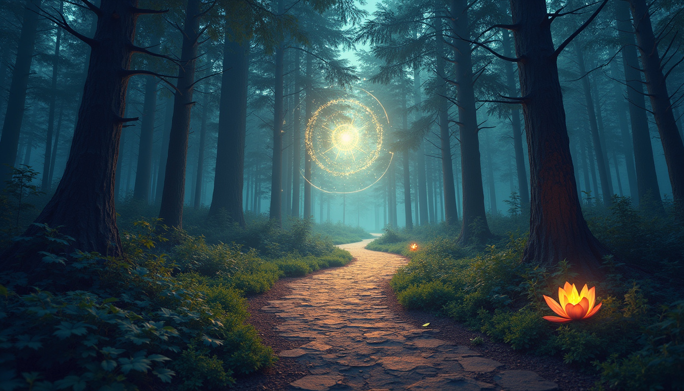  Forest path transforming into spiral of stars, journal and compass glowing beside lotus