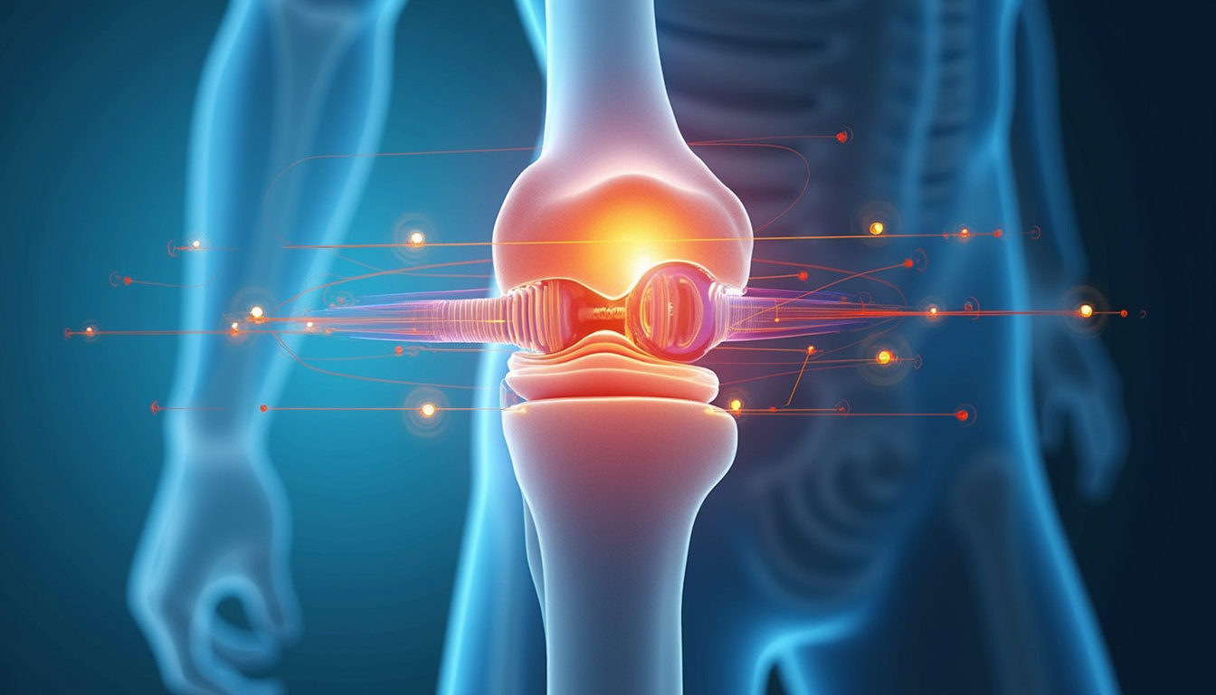  Exploded-view biomechanics diagram showing force vectors, cartilage compression, athlete silhouette, clinical color palette