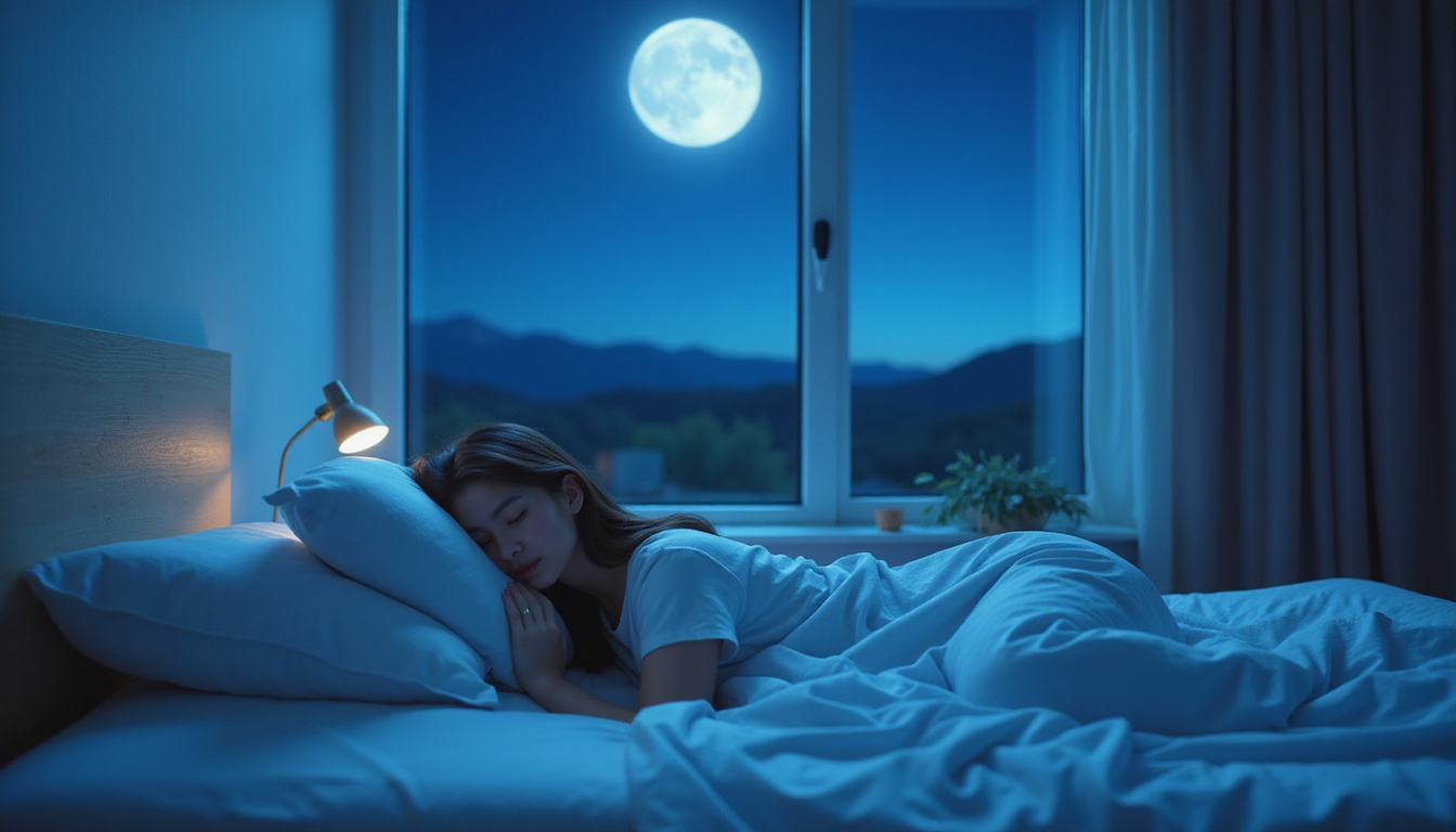  Minimalist bedroom, person sleeping with cold gel pack, soft moonlight, peaceful recovery aura