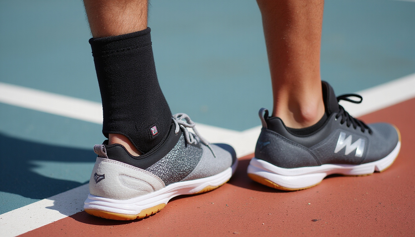  Close-up human ankle wrapped in neoprene brace beside stability-focused pickleball shoe, textured court