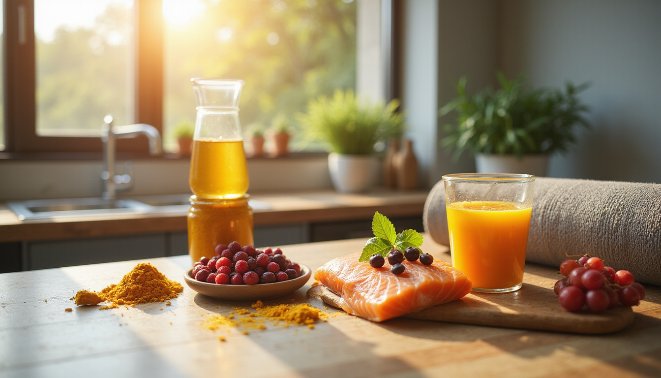  Sunlit kitchen counter with turmeric, salmon, berries, water, yoga mat rolled, healthy joints concept