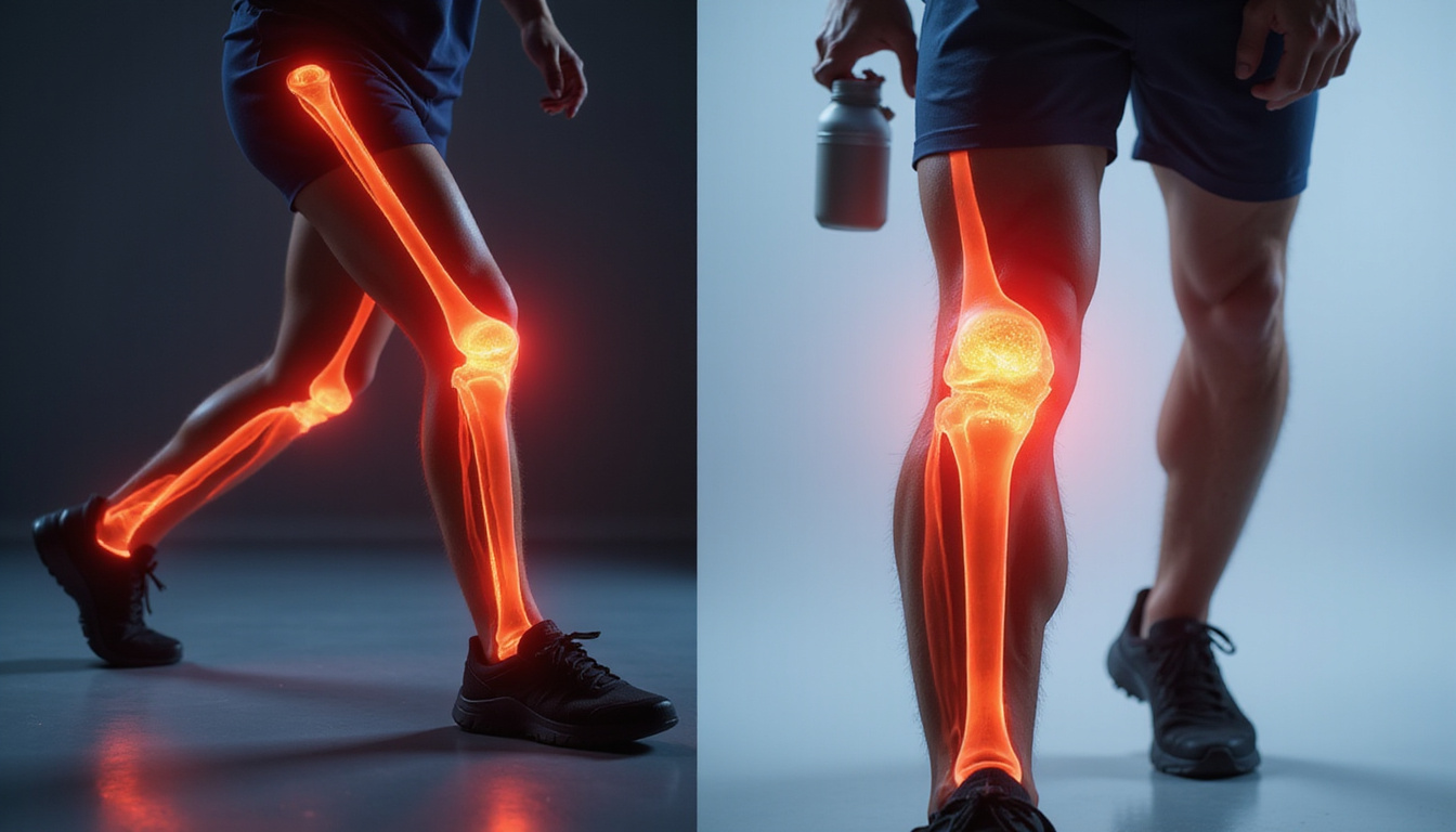  Before-and-after split image: limp to confident stride, luminous knee cartilage, supplement bottle