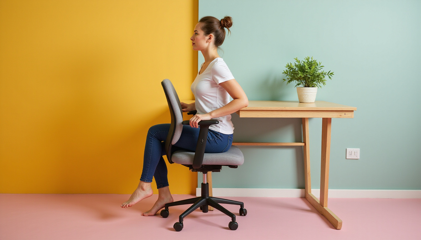 Ergonomic workspace with posture-correcting chair, rolling shoulders exercise, calming muted colors