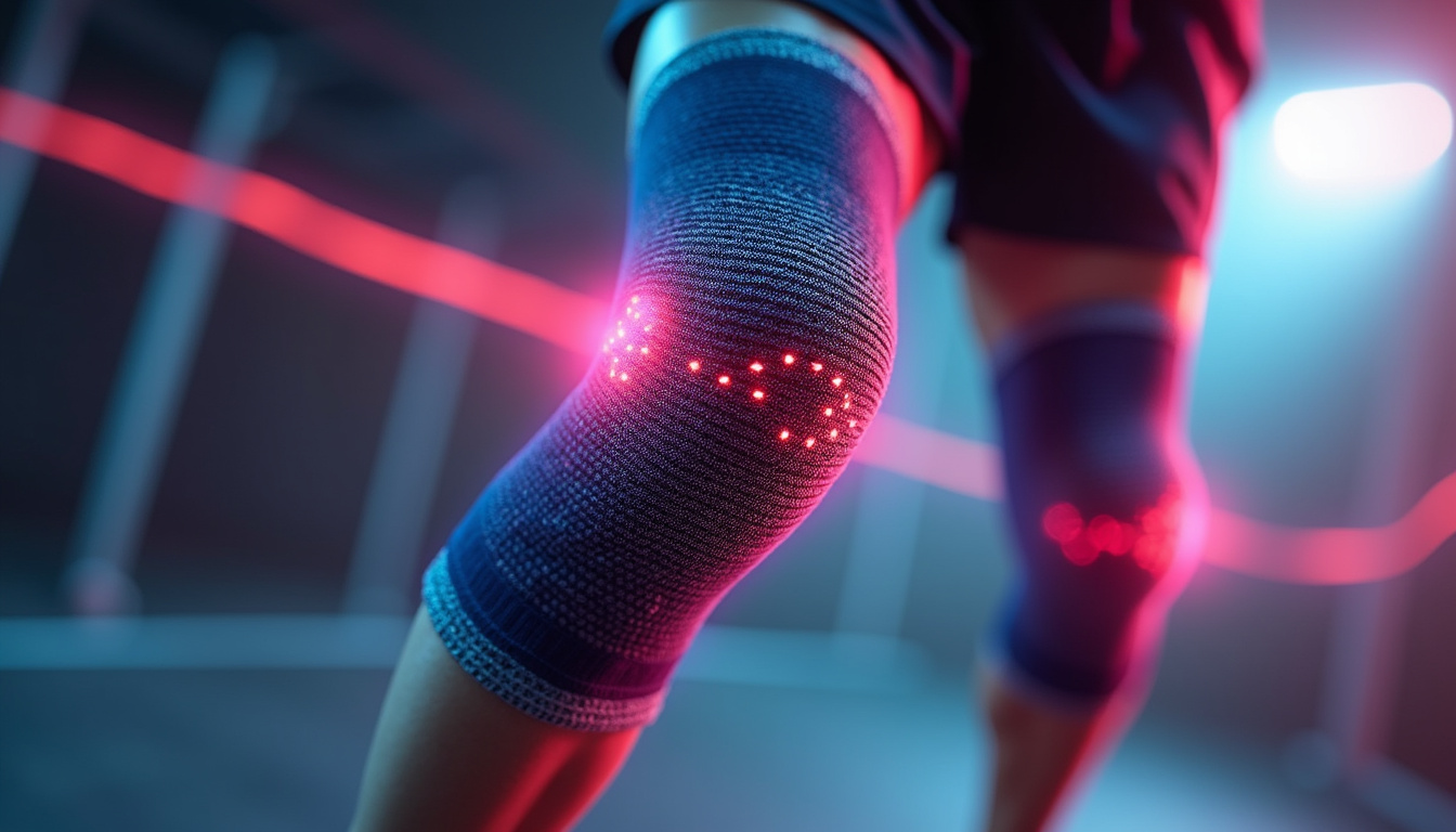 Close-up of anatomically designed knee support, breathable fabric, dynamic motion blur