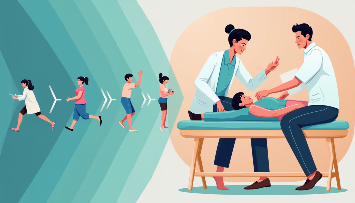  Therapist performing joint mobilization on patient, dynamic motion arrows, rehab exercises infographic