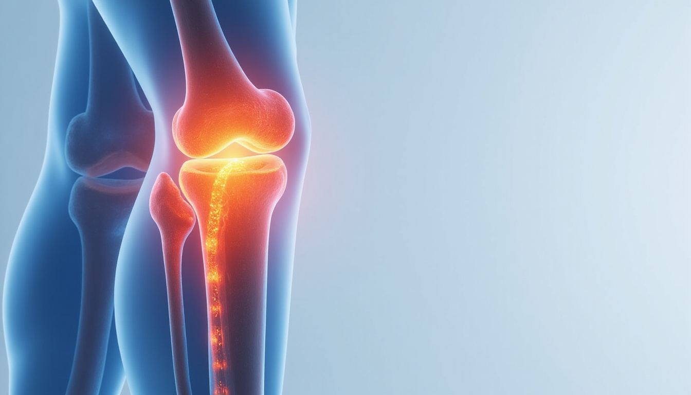  Medical illustration of knee joint cross-section, inflamed tracking pathway highlighted, gentle physical therapy cues