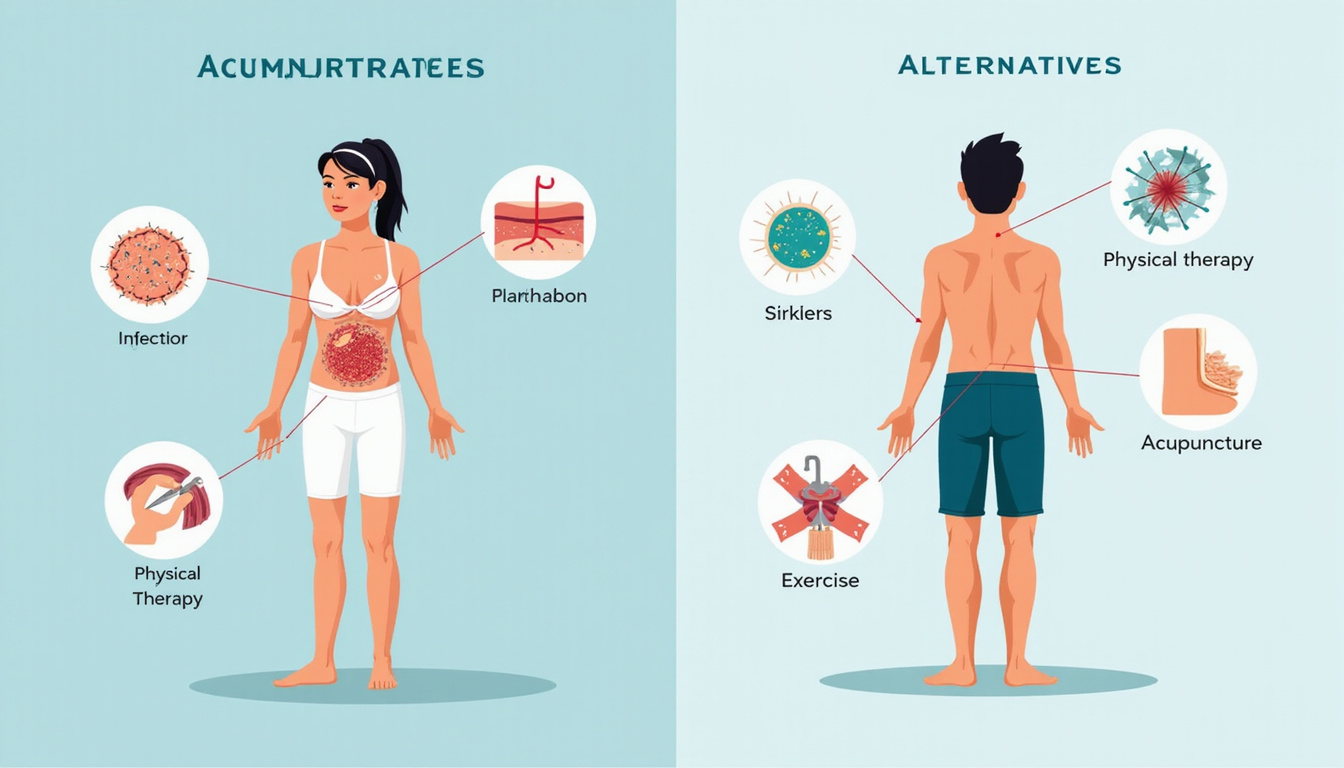  Split-scene medical illustration: left risks infection, skin thinning; right alternatives physical therapy, acupuncture, exercise