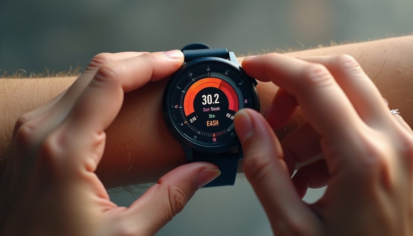  Close-up: hands adjusting smartwatch, step counter rising, sizzling fat burning workout visualization