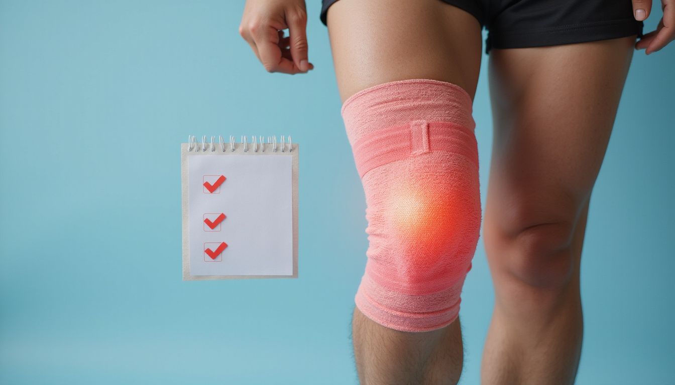  Close-up anatomical overlay of healing knee with compression wrap, ice pack, and progress checklist
