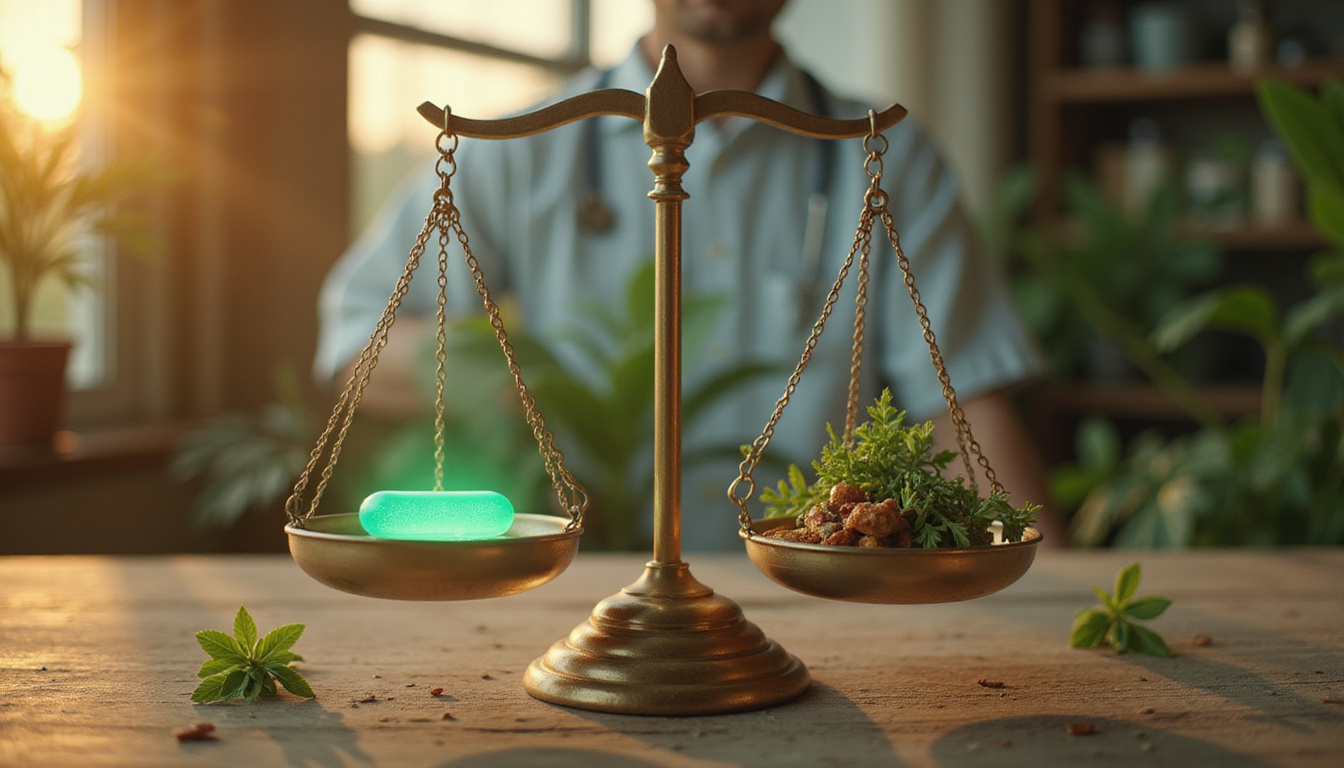  Balanced scale weighing glowing pill and healing herbs, warm clinical background, hopeful lighting