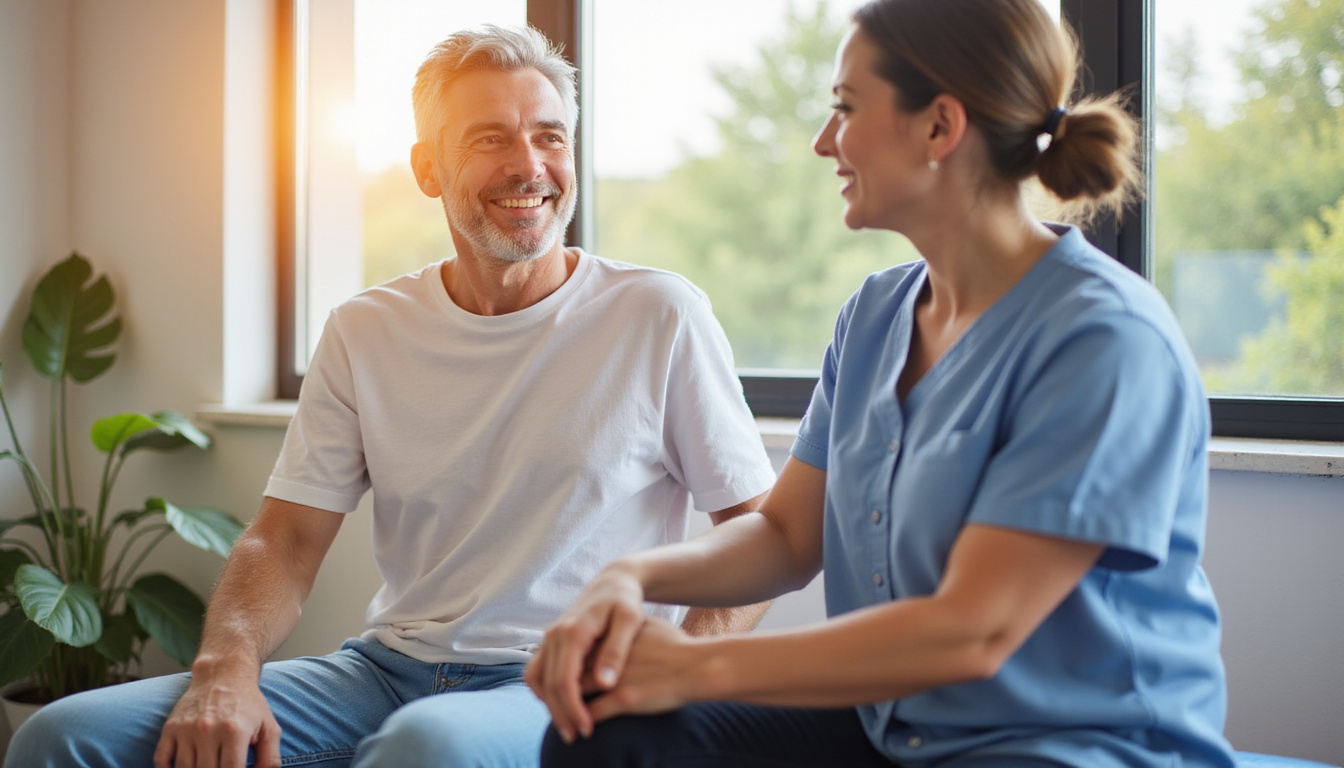  Rehabilitation scene: smiling patient doing gentle range of motion exercises beside physiotherapist, warm natural light