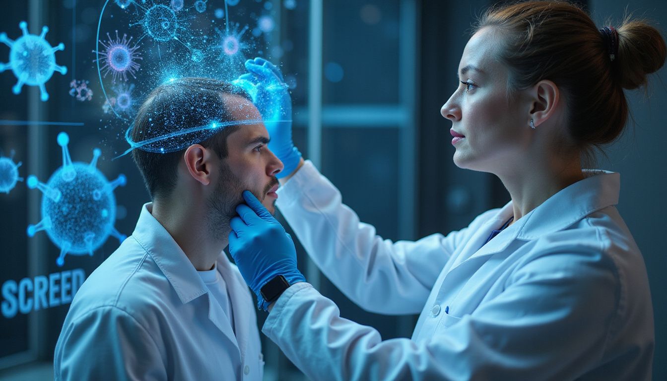  Futuristic scientist applying targeted nano-therapy to scalp, holographic molecular diagrams, hopeful mood