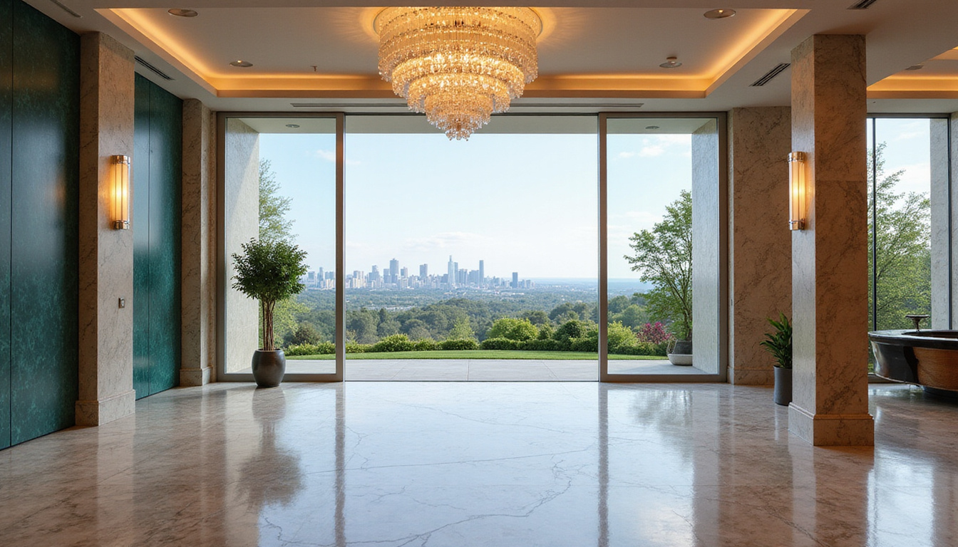  Opulent marble foyer with chandelier, floor-to-ceiling windows overlooking landscaped garden and skyline