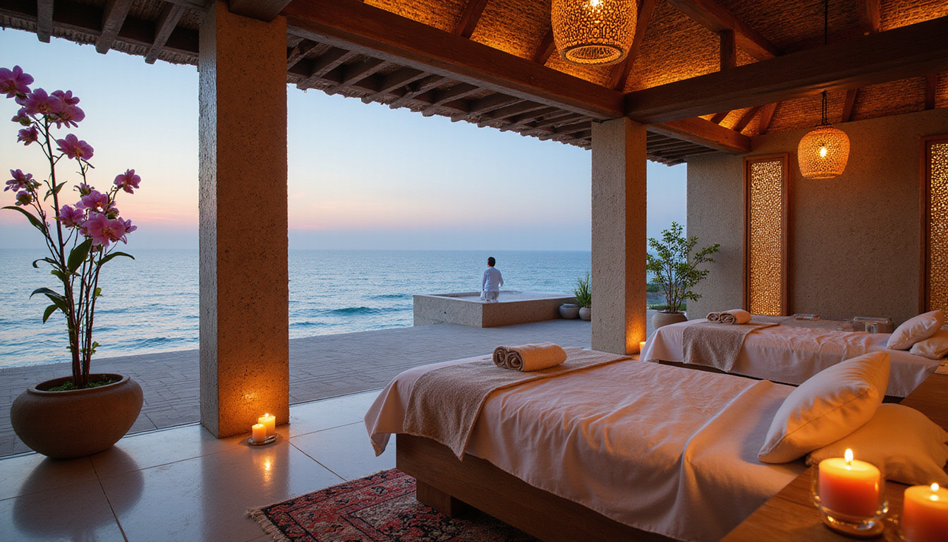 Luxurious Arabic-style wellness pavilion, sea-view massage terrace, orchids, candlelight, serene vibe