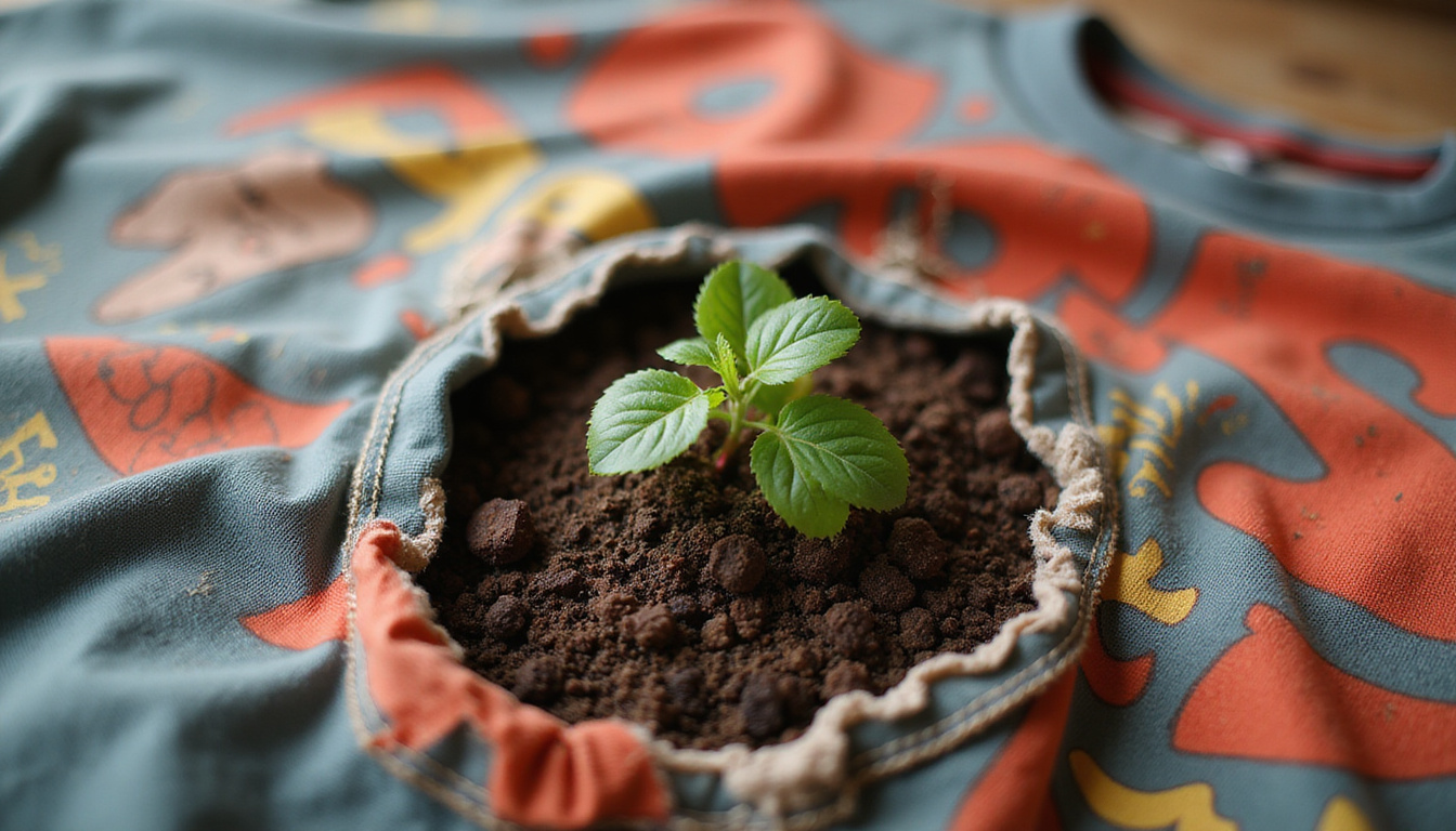  Close-up compostable cotton shirt frayed edges turning to earth, seedlings sprouting, soft textures