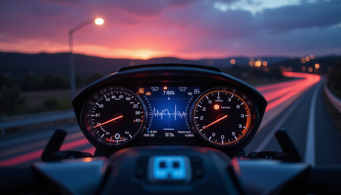 Macro view of damper internals, digital gauges, waveform overlays, smooth highway twilight motion
