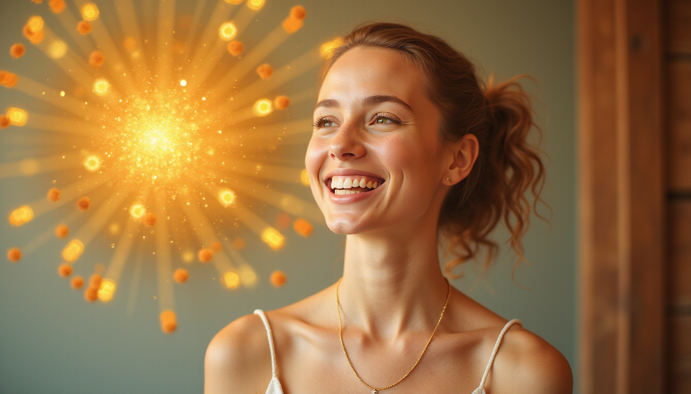  Joyful person with radiant smile, golden gut aura, floating friendly microbes and vibrant mood