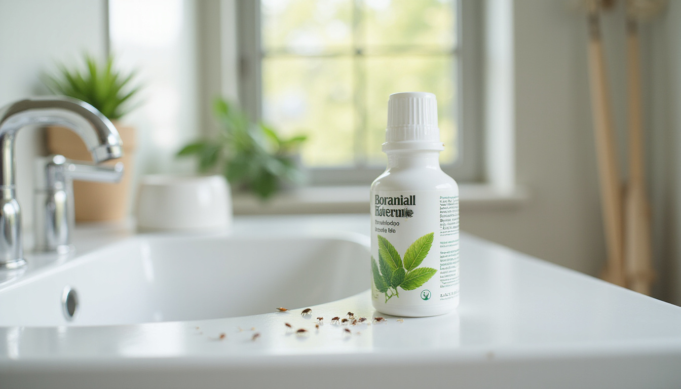  Close-up of botanical insecticide label, paw safety icon, tiny bugs dissolving, clean modern bathroom
