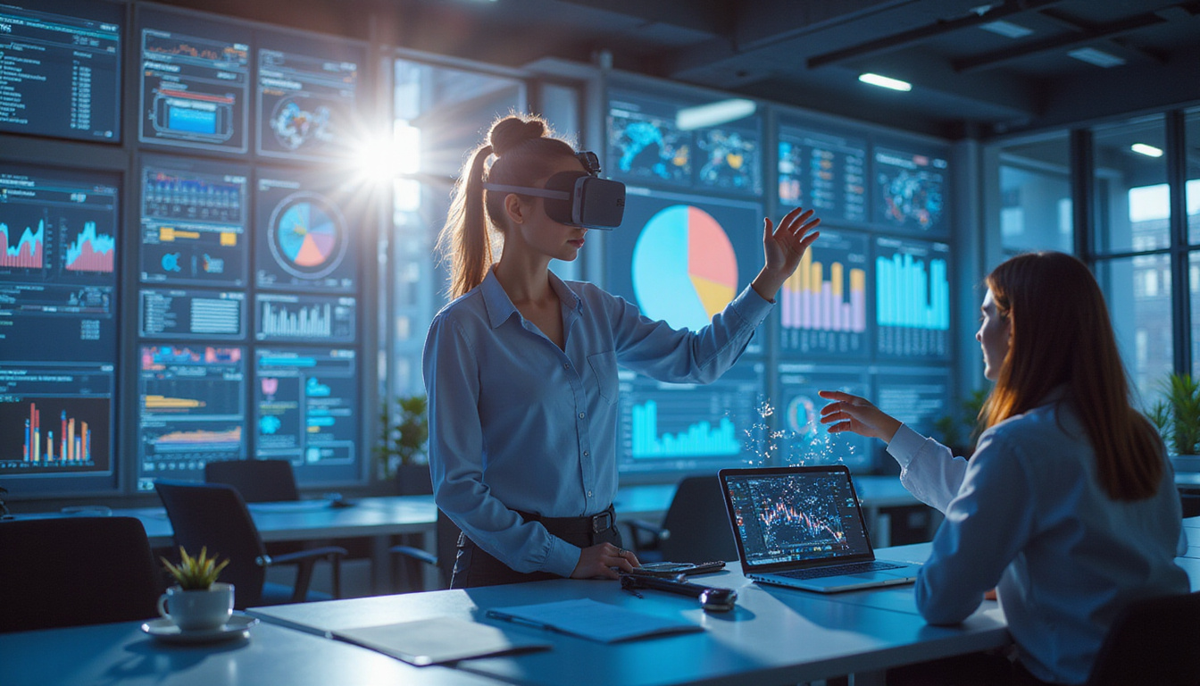  Futuristic strategy session: interactive augmented reality dashboards, robotic assistants optimizing tasks, energetic morning light