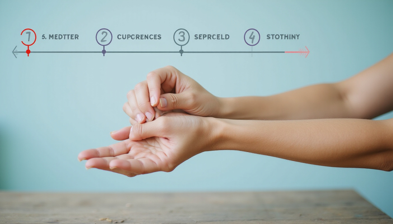  Close-up hands demonstrating wrist stretches with step-by-step infographic overlay, calm pastel classroom background