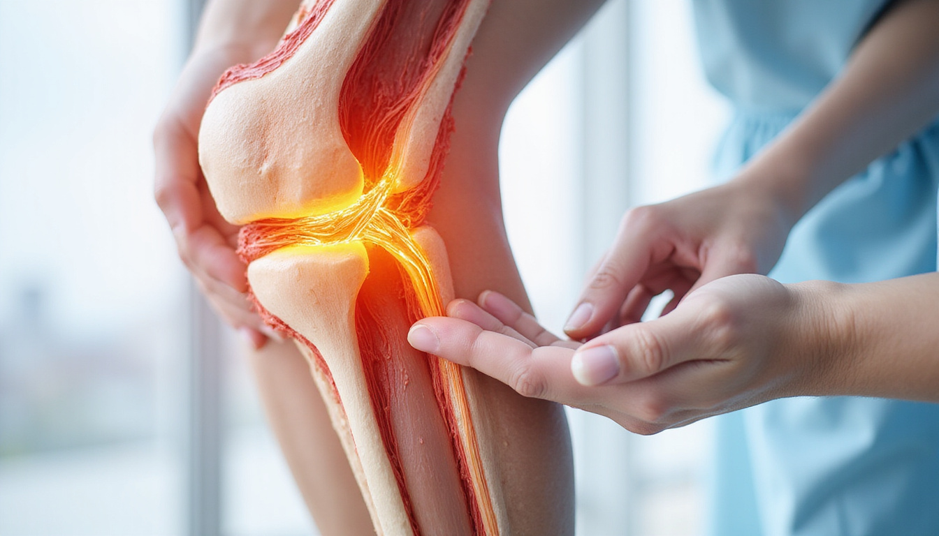  Cutaway anatomical illustration of knee ACL healing, fibers regenerating, surgeon