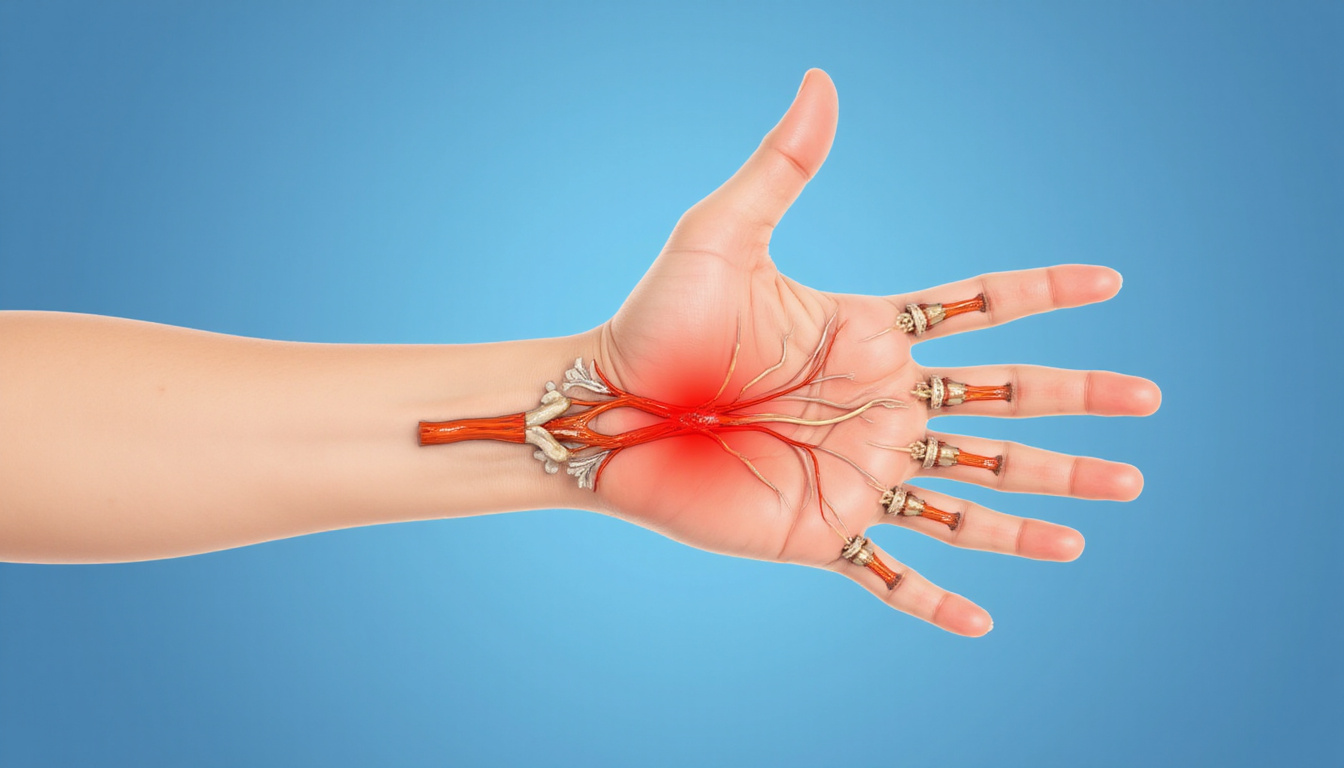  Medical illustration of compressed median nerve in wrist, red inflammation, labeled anatomy, calming blue background