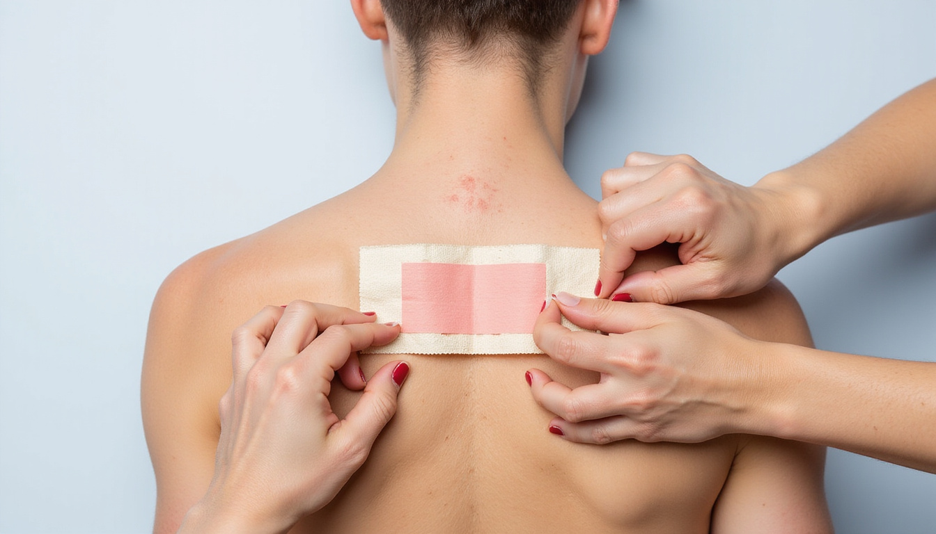  Step-by-step hands applying X-strip tape on shoulder, anatomical muscle labels, faster recovery emphasis, flat-lay style