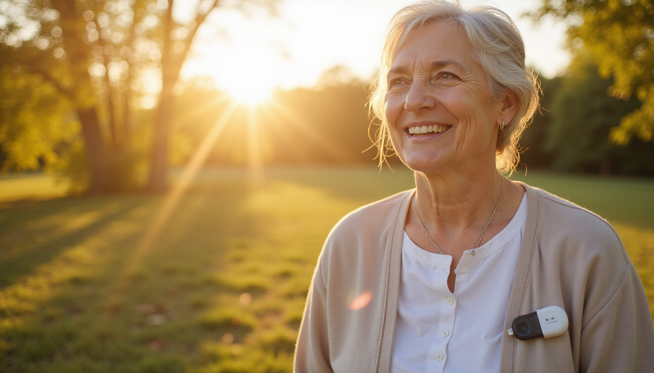  Serene middle aged patient outdoors smiling, wearable neurostimulator device visible, warm sunlight, pain-free
