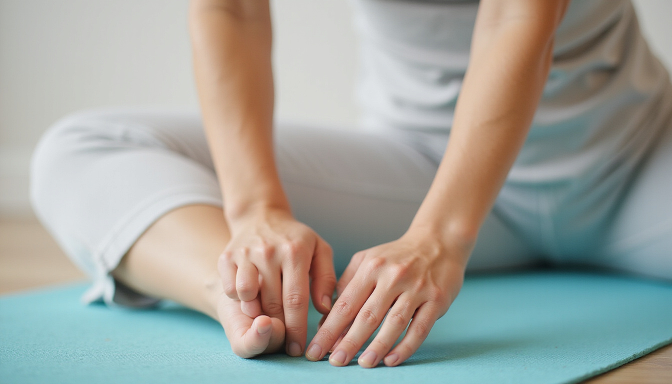  Close-up hands and knees performing modified Pilates stretch, soft-focus, soothing pastel tones