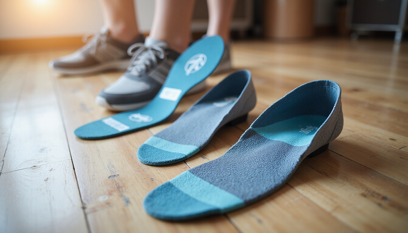  Row of supportive shoes and orthotic insoles on wooden floor, labels, healing icons, soft lighting