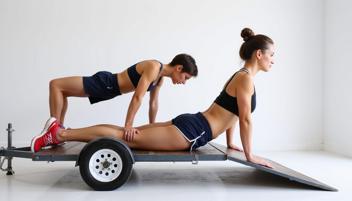  Close-up of strong core exercises: bridge, bird-dog, side plank on trailer ramp, back pain prevention