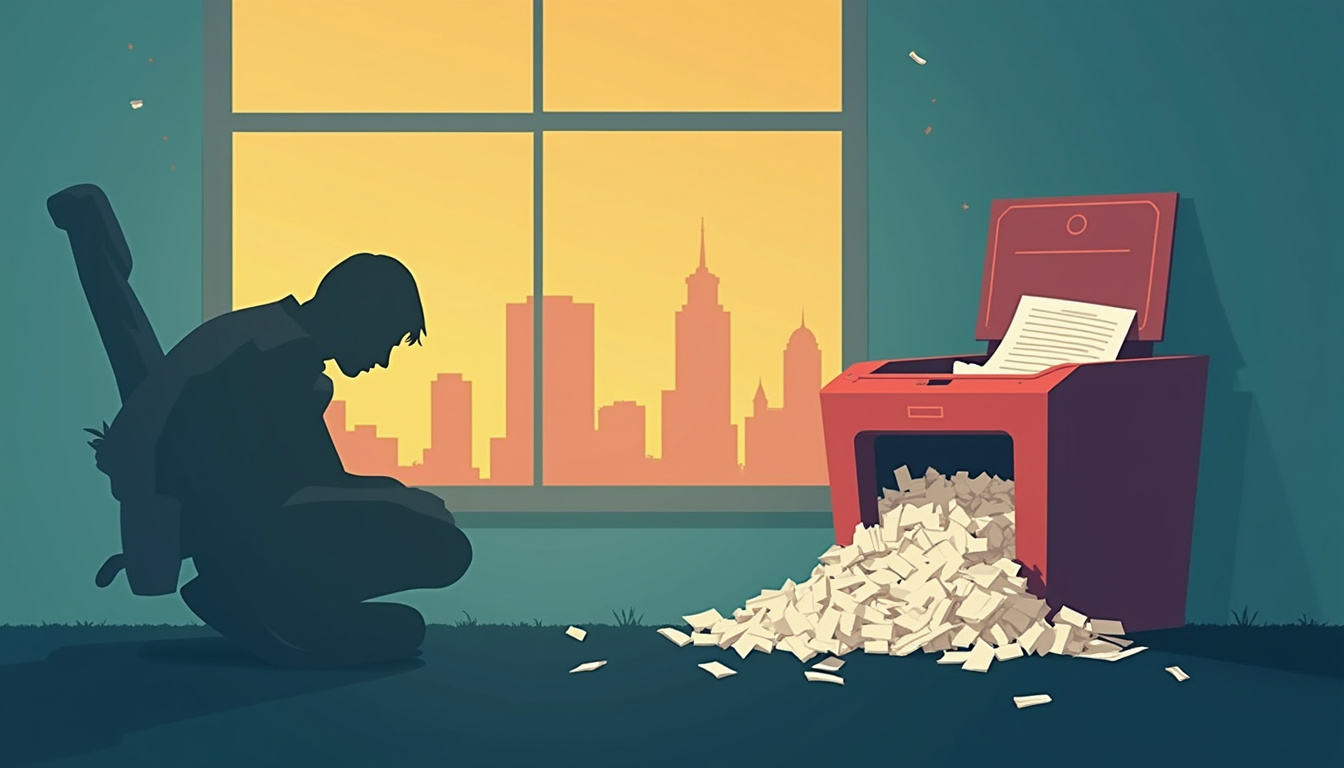  Person feeding whole documents into shredder incorrectly, shadowy silhouette outside window, looming financial danger